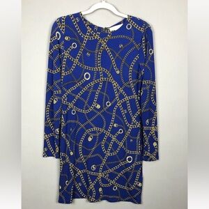 Michael Kors Allover Chain Print Jersey Knit Dress M Blue Pullover Zip Short